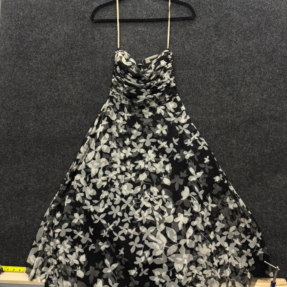 BCBGMAXAZRIA Vintage Strapless Floral Mesh Ruched Midi Dress Black White 4